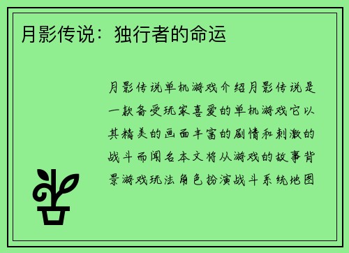 月影传说：独行者的命运
